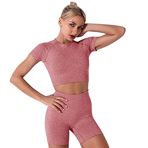 IMEKIS Damen 3 tlg Fitness Set Sport-BH mit Crop-Top und Shorts Nahtlose Yoga Kleidung Fitness Workout Outfit Frauen Slim Fit Sommer Biker Activewear Laufanzug Altrosa M von IMEKIS