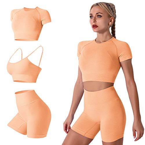 IMEKIS Damen 3 tlg Fitness Set Sport-BH mit Crop-Top und Shorts Nahtlose Yoga Kleidung Fitness Workout Outfit Frauen Slim Fit Sommer Biker Activewear Laufanzug Orange S von IMEKIS