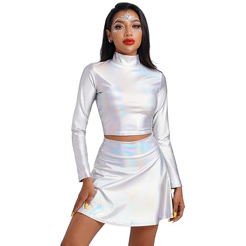 IMEKIS Damen Alien Kostüm Rave Outfit Karneval Glänzendes Metallisch Crop Top mit Minirock 2tlg Disco Tanz Clubwear Halloween Facshing Mottoparty Outfit Laser Silber-Langarm XXL von IMEKIS