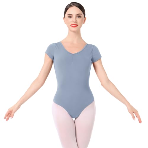 IMEKIS Damen Ballettanzug Kurzarm V-Ausschnitt Ballett Trikot Blumenspitze Rückenfrei Tanzbody Gymnastikanzug Einfarbig Gymnastik Ballerina Top Tanzbekleidung Grau XL von IMEKIS