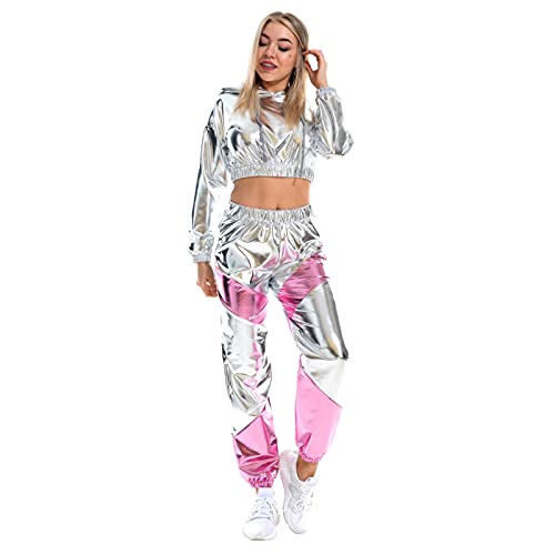 IMEKIS Damen Glänzende Metallic Trainingsanzug Jogginganzug Sportanzug Langarm Kapuzen Crop Top und Cargohose 2er Hosenanzug Hausanzug Nachtclub Performance Tanzbekleidung Silber-Rosa Large von IMEKIS