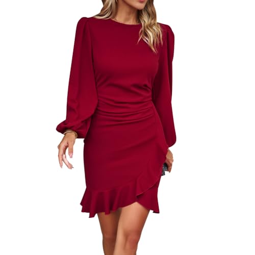 IMEKIS Damen Langarm Bodycon Mini Kleid Elegant Rüschen Cocktailkleid Hochzeit Festlich Abendkleid Einfarbig Rundhals Herbst Winter Party Kleid Weinrot S von IMEKIS