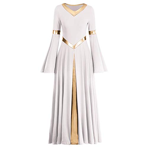 IMEKIS Damen Liturgisch Lob Kleid Metallic Spleiß Lyrisch Tanzkleider Langarm V-Ausschnitt Casual Lang Faltenrock Freizeitkleid Kirche Anbetung Gebet Kleider Ballsaal Dancewear Weiß XS von IMEKIS