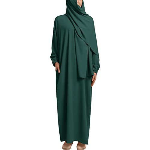 IMEKIS Damen Muslimische Maxi Gebetkleid Einteilige Islamischen Abaya Hijab Kleid mit Taschen Langarm Einfarbig Lose Jilbabs Dubai Türkei Arabischen Nahen Osten Kaftans Dunkelgrün L von IMEKIS