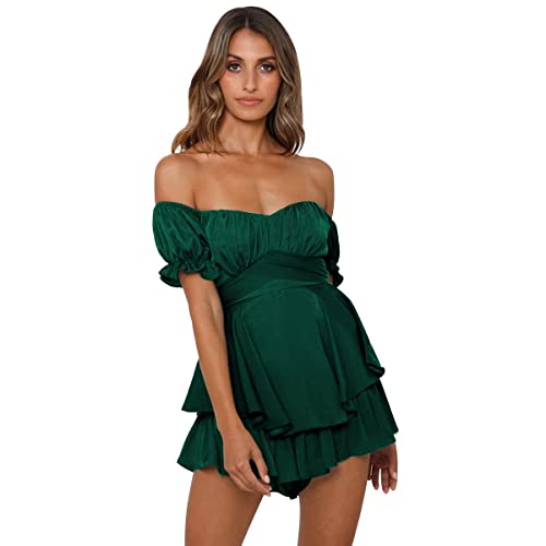 IMEKIS Damen Off Shoulder Strampler Kleid Frauen Boho Blumendruck Kurz Jumpsuit Chiffon Rüschen Minikleid Elegant Overall Shorts Casual Sommerkleid Playsuit Dunkelgrün M von IMEKIS