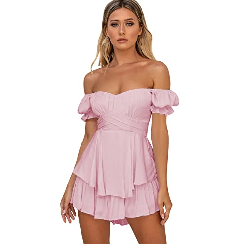 IMEKIS Damen Off Shoulder Strampler Kleid Frauen Boho Blumendruck Kurz Jumpsuit Chiffon Rüschen Minikleid Elegant Overall Shorts Casual Sommerkleid Playsuit Rosa M von IMEKIS