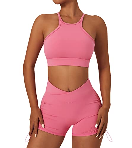 IMEKIS Damen Zweiteilig Sport Outfits Gym Yoga Kleidung Racerback Sport BH und High Waist Sportshorts Jogger Workout Set Sommer Fitness Trainingsanzug Sportanzug Rosa L von IMEKIS