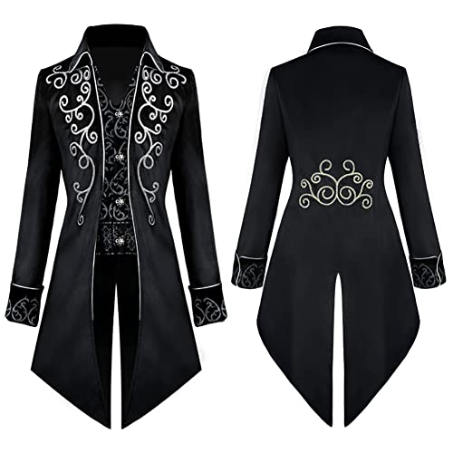 IMEKIS Herren Steampunk Vintage Frack Jacke Samt Bestickte Gehrock Gothic Viktorianische Mantel Uniform Mittelalter Smoking Halloween Kostüm Karneval Cosplay Verkleidung Schwarz S von IMEKIS