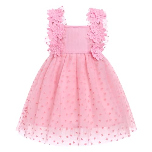 IMEKIS Kinder Baby Mädchen Geburtstag Kleid Ärmellos Blume Gerippt Stricken Rüsche Tüll Kleid Prinzessin Herz Drucken Sommerkleid Sonnenkleid Rosa 3-4 Jahre von IMEKIS