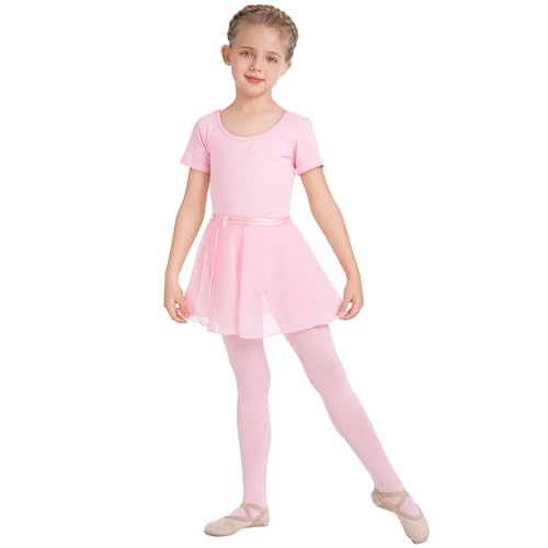 IMEKIS Kinder Mädchen Ballett Tanzkleid Kurzarm Ballettanzug Trikot Body Top mit Chiffon Wickelrock Fußstrumpfhosen Dancewear Kostüm 4tlg Ballerina Outfit Rosa 4-5 Jahre von IMEKIS