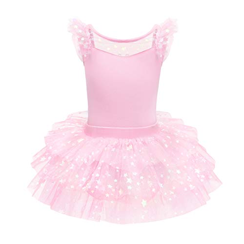 IMEKIS Mädchen Ballett Tanz Trikot Kleid Flügelärmel Rückenfrei Prinzessin Glänzender Sterndruck Fee Ballerina Kostüm Bowknot Gymnastik Rüschen Tutu Rock Tanzkleidung Rosa 5-6 Jahre von IMEKIS