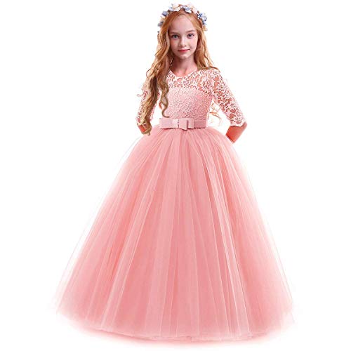 IMEKIS Mädchen Prinzessin Kleid Elegant Blumen Spitze Partykleid Brautjungfer Hochzeitskleid Geburtstag Tüll Maxikleid Festlich Kommunion Abendkleid Cocktailkleid Festzug Ballkleid Rosa 9-10 Jahre von IMEKIS