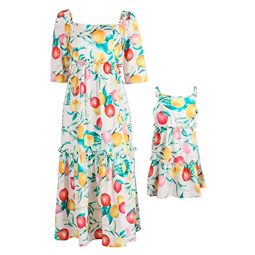 IMEKIS Mutter und Tochter Passendes Kleid Frauen Mädchen Blumendruck Sommerkleid Kurzarm Boho Strandkleid Familie Passendes Outfit Eltern Kind Lässig Langes Kleid Orange 3-4 Jahre von IMEKIS