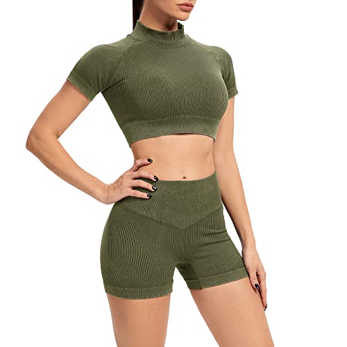 IMEKIS Trainings Outfit für Damen 2-teilig Sportbekleidung Gym Set Sport Crop Top mit Hoher Taille Laufshorts Leggings Nahtlos Gerippt Trainingsanzug Yoga Sportanzug Activewear Armeegrün M von IMEKIS