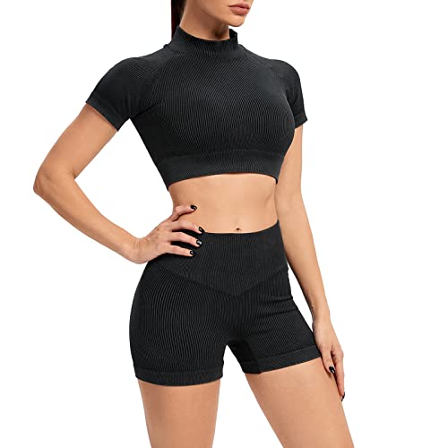 IMEKIS Trainings Outfit für Damen 2-teilig Sportbekleidung Gym Set Sport Crop Top mit Hoher Taille Laufshorts Leggings Nahtlos Gerippt Trainingsanzug Yoga Sportanzug Activewear Schwarz M von IMEKIS