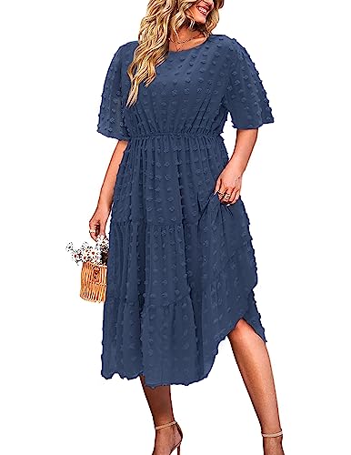 IN'VOLAND Damen Plus Size Swiss Dot Kleid Chiffon Kurzarm Hohe Taille A-Linie Rüschen Gestuftes Babydoll Midikleid, Marineblau, 46 Mehr von IN'VOLAND