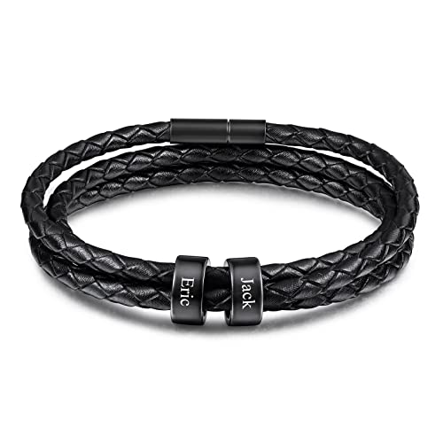 INBLUE Leder Armband Herren mit Gravur 2-6 Name ID Perlen Edelstahl Herren Schmuck Personalisierte Geschenke Frauen Freund Familie Vatertag Geburtstag von INBLUE