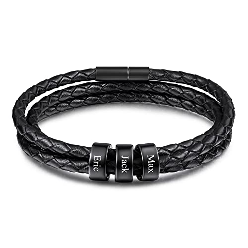 INBLUE Leder Armband Herren mit Gravur 2-6 Name ID Perlen Edelstahl Herren Schmuck Personalisierte Geschenke Frauen Freund Familie Vatertag Geburtstag von INBLUE