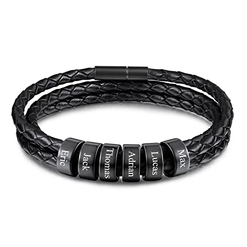 INBLUE Leder Armband Herren mit Gravur 2-6 Name ID Perlen Edelstahl Herren Schmuck Personalisierte Geschenke Frauen Freund Familie Vatertag Geburtstag von INBLUE