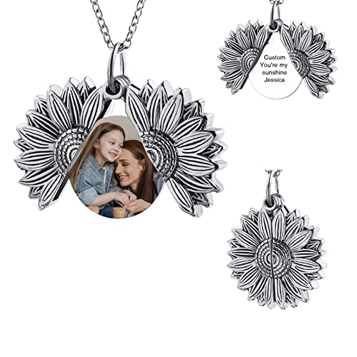 INBLUE Personalisierte Foto Kette Damen Medaillon Herz Engelsflügel Halskette Edelstahl Legierung Geschenk Jahrestag für Pärchen Geschenk für Mutter Tochter (Silber Sonnenblume Anhänger) von INBLUE