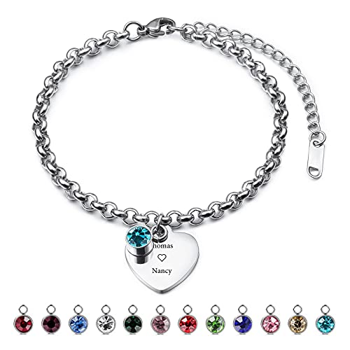 INBLUE Personalisierte Herz Anhänger Birthstone Armband Angepasst Gravur Name/Datum für Frauen Mädchen Freundin Edelstahl Fußkettchen Link Verstellbare Kette Liebe Brautjungfer Geschenk(Silber Farbe) von INBLUE