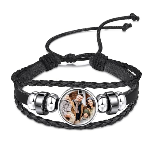 INBLUE Personalisierte Leder Armband mit Bild Inneren für Frauen Wickel Style Einstellbare Geflochtene Seil Armband mit Perlen Memorial Schmuck Geschenk für Mutter Ehefrau (Stil A - Schwarz) von INBLUE