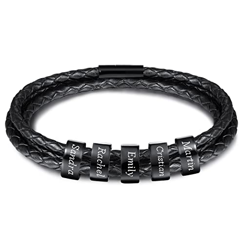 INBLUE Personalisierte Namen Armbänder Herren Gravur Lederarmband Edelstahl Schwarzne Perlen Anhänger Schmuck Geschenke für Männer Papa Familie Damen (Schwarz, 4 Perlen) von INBLUE