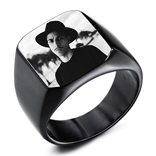 INBLUE Personalisierte Siegelring Gravur Schwarzes Bild Gravur Benutzerdefiniert Foto für Männer Jungen Frauen Mädchen Memorial Edelstahl-Schmuckpaket mit Ring Größen Einstellen (Schwarze Farbe) von INBLUE