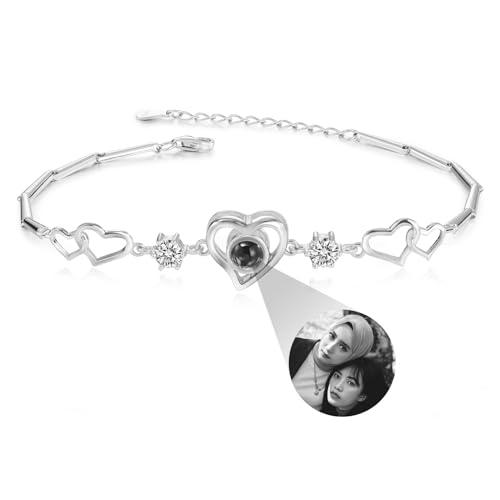 INBLUE Personalisiertes Armband mit Bild Innen für Paare 925 Sterling Silber Herz/Runde Form Projektion Foto Armband Erinnerungs Charm Schmuck Geschenk für Frauen Freundin Mutter - A2 von INBLUE