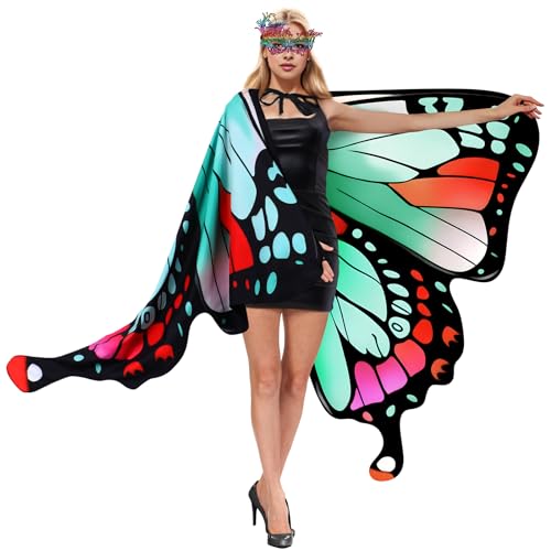 INCOK Schmetterlingsflügel für Erwachsene – Fee Schmetterling Flügel Cape mit Maske Damen doppelseitiger Schmetterling Schal für Halloween Weihnachten Geburtstag Pixie Cosplay Maskerade Party Dress up von INCOK