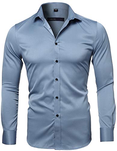 Herren Hemd Langarm Bügelleicht für Freizeit Business Hochzeit Businesshemd Freizeithemd Men’s Shirt Bambusfaser Einfarbig Slim Fit EU 39 Blaugrau von INFLATION