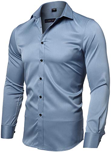 INFLATION Herren Hemd Aus Bambusfaser umweltfreudlich Elastisch Slim Fit für Freizeit Business Hochzeit Reine Farbe Hemd Langarm Herren-Hemd, Gr.L (Etikette 42), Graublau von INFLATION