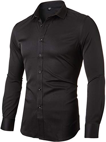 INFLATION Herren Hemd aus Bambusfaser umweltfreudlich Elastisch Slim Fit für Freizeit Business Hochzeit Reine Farbe Hemd Langarm,DE XL (Etikette 43),Schwarz von INFLATION