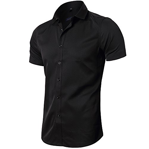 INFLATION Herren Hemd aus Bambusfaser umweltfreudlich Elastisch Slim Fit für Freizeit Business Hochzeit Reine Farbe Hemd Kurzarm Herren-Hemd Schwarz DE XS (Etikette 39) von INFLATION