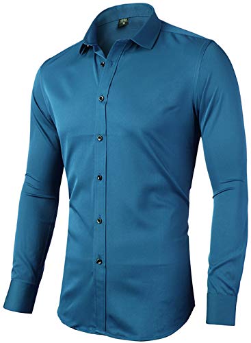 INFlATION Herren Hemd aus Bambusfaser umweltfreudlich Elastisch Slim Fit für Freizeit Business Hochzeit Reine Farbe Hemd Langarm,DE L (Etikette 42),Blau von INFLATION