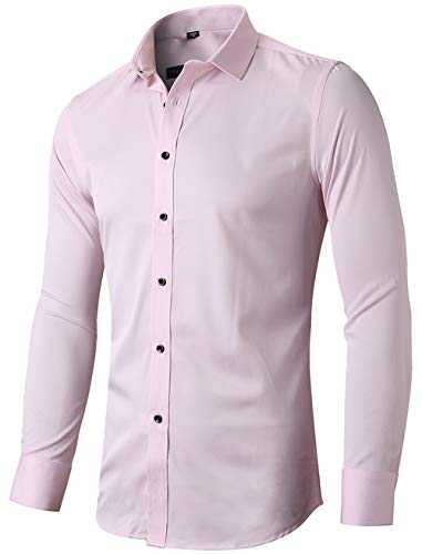 INFlATION Herren Hemd aus Bambusfaser umweltfreudlich Elastisch Slim Fit für Freizeit Business Hochzeit Reine Farbe Hemd Langarm,DE L (Etikette 42),Rosa von INFLATION