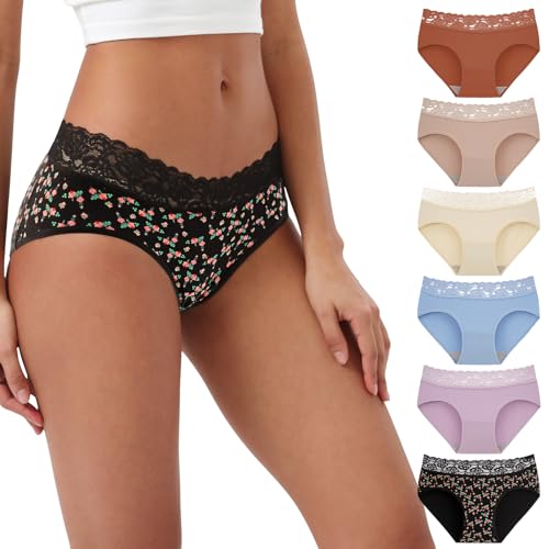 INNERSY Damen Unterhosen Spitze Hipster Unterwäsche Baumwolle Slip Weich Schlüpfer 6er Pack (42, Mehrfarbig/Rosenmuster) von INNERSY