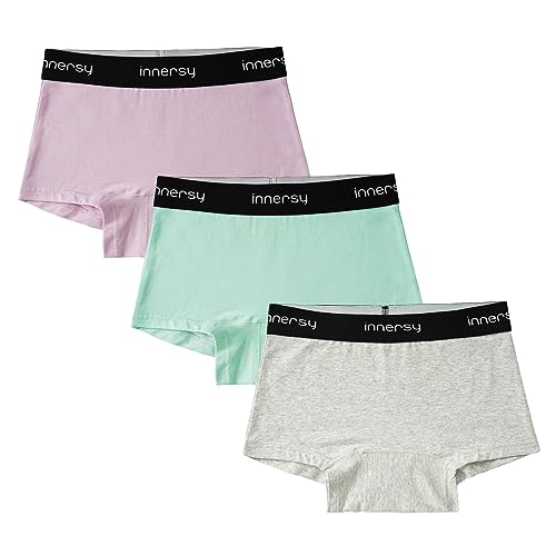 INNERSY Unterhosen Mädchen Baumwolle Boyshort Pantys Menstruationsunterwäsche Schlüpfer 3er Pack (8-10 Jahre, Grau/Violett/Grün) von INNERSY