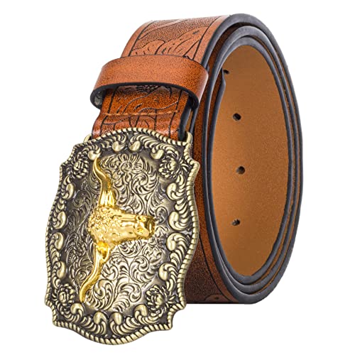 INOGIH Western Cowboy PU Leder Gürtel - Gravierte Blumendekoration Herren Taillengürtel für Jeans 33 "bis 42" Taille, braun, per vita 92-106 cm von INOGIH