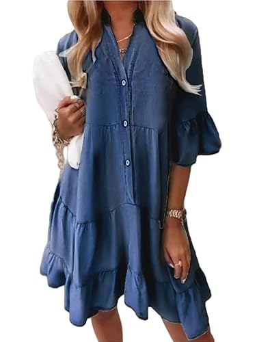 INRLEWGB Damen Jeanskleid, Lässig, Kurzärmelig, Button-Down, Gestuftes Babydoll, Jeans, Midi-Tunika, Hemdkleid, Lockere Passform, Modische Strandmode, Streetwear, Dunkelblau, 3XL INRLEWGB Damen Jeanskleid, Lässig, Kurzärmelig, Button-Down, Gestuftes Babydoll, Jeans, Midi-Tunika, Hemdkleid, Lockere Passform, Modische Strandmode, Streetwear, Dunkelblau, 3XL von INRLEWGB