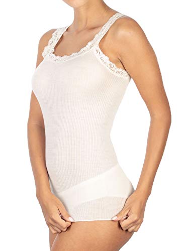 Intimo 2D-Damen-Top mit Spitze aus 85 % Wolle und 15 % Seide, gerippt, Weiß S-M von INTIMO 2D