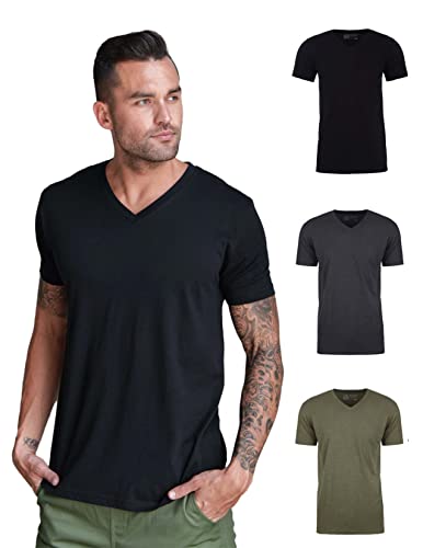 INTO THE AM Premium T-Shirts mit V-Ausschnitt für Herren – moderne taillierte T-Shirts S-2XL V-Ausschnitt Unterhemden, 3er-Pack ohne Markenlogo – Schwarz/Anthrazit/Olivgrün, Klein von INTO THE AM