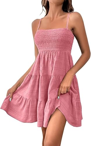 Womens Summer Boho Dresses Spaghetti Strap Sundresses Smocked Tiered Mini Dress Casual Flowy Swing Beach Sun Dress (08,S) von INXKED