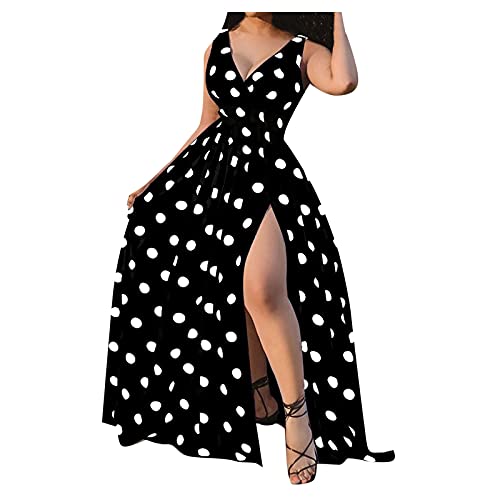 Abendkleid üBergrößE Damen äRmellos V-Ausschnitt A-Linie Kleid Elegant Polka Lang Sommerkleider Partykleid Sexy Seitenschlitz Festtagskleid Hoher Taille Camisole-Kleid Mit GüRtel Boho Strandkleider von IQYU