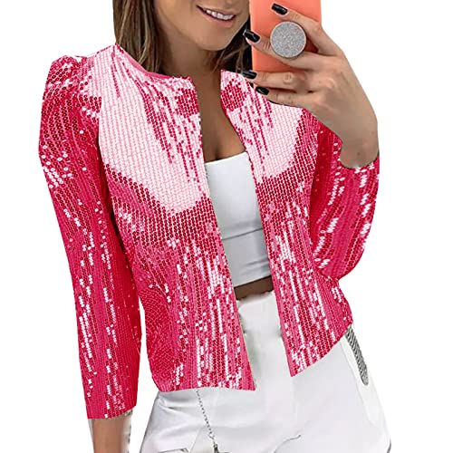 Blazer Damen Kurz Sommer - Pailletten Blazer Silber-Blazerjacken Langarm Sommerjacke Leichte Cardigan Glitzer-Blazer Glänzend-Jacke Langarm Festliche-Bolero Tops Oberteile Blazer Party Bolerojacke von IQYU