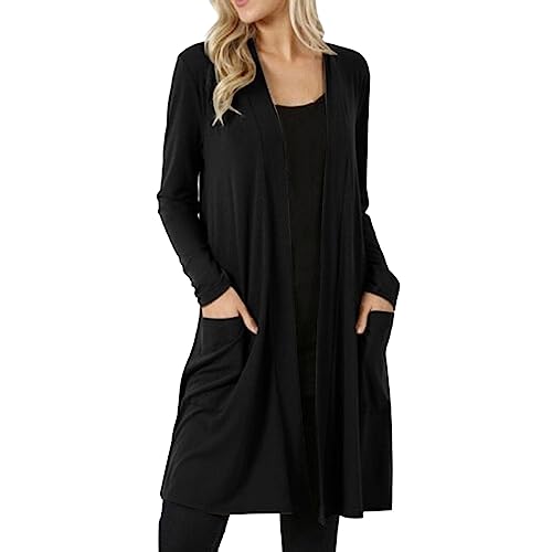 Cardigan Damen Lang Schwarz Dünn, Oversize Strickjacke Damen Strickjacken Mit Taschen Strickmantel Lang Hellgrau Strickcardigan Winter Weich Übergangsjacke Frühling Leicht Jacke Lässig Frühlingsjacke von IQYU