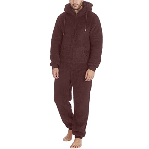 Ganzkörperanzug Herren Flauschig: Jumpsuit Herren Kuschelig Warm Schlafoverall Winter Hausanzug Teddy-Fleece Schlafoveralls Lang Flauschiger-Einteiler Plüsch-Onesie Pyjama-Set, Geschenk Für Männer von IQYU