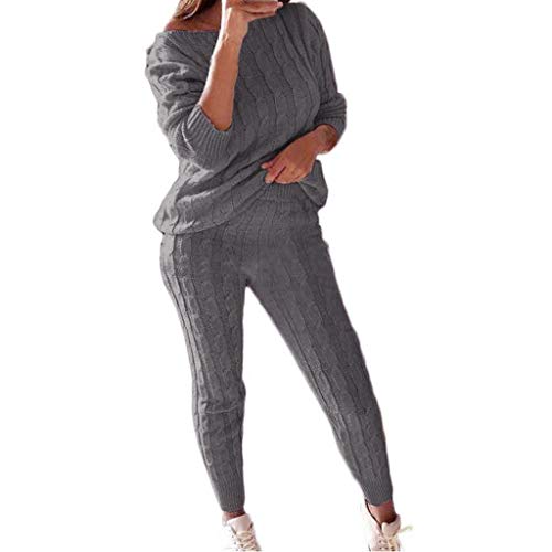 IQYU Hausanzug Damen 2-Teilig Warm Jogginganzug Weites Bein Hausehose Elegante Strick-anzug Winter Freizeitanzug Zweiteiliger Schlafanzug-Set TrainingsanzüGe/Hausanzug/Sweatshirt + Lange Hose von IQYU