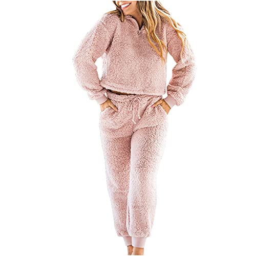 IQYU Hausanzug Damen Kuschelig Schlafanzug Teddy-Flauschig Kuschelanzug Zweiteilig Hosenanzug Winter SchlafanzüGe Sleepshirt Pyjamahose Flanell Freizeitanzug Sleepwear Jogginganzug von IQYU