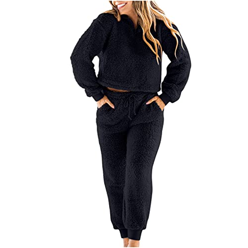 IQYU Hausanzug Damen Kuschelig Teddy: Flauschig-Schlafanzug Fleece-Kuschelanzug Zweiteilig Hosenanzug Winter SchlafanzüGe Sleepshirt Pyjamahose Flanell-Freizeitanzug- Sleepwear- Jogginganzug von IQYU